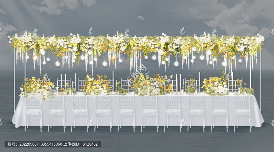 婚禮長條餐桌黃白綠花藝效果圖