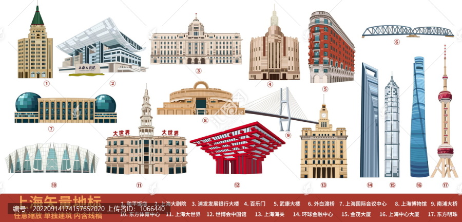 上海城市地標(biāo)建筑矢量插畫手繪