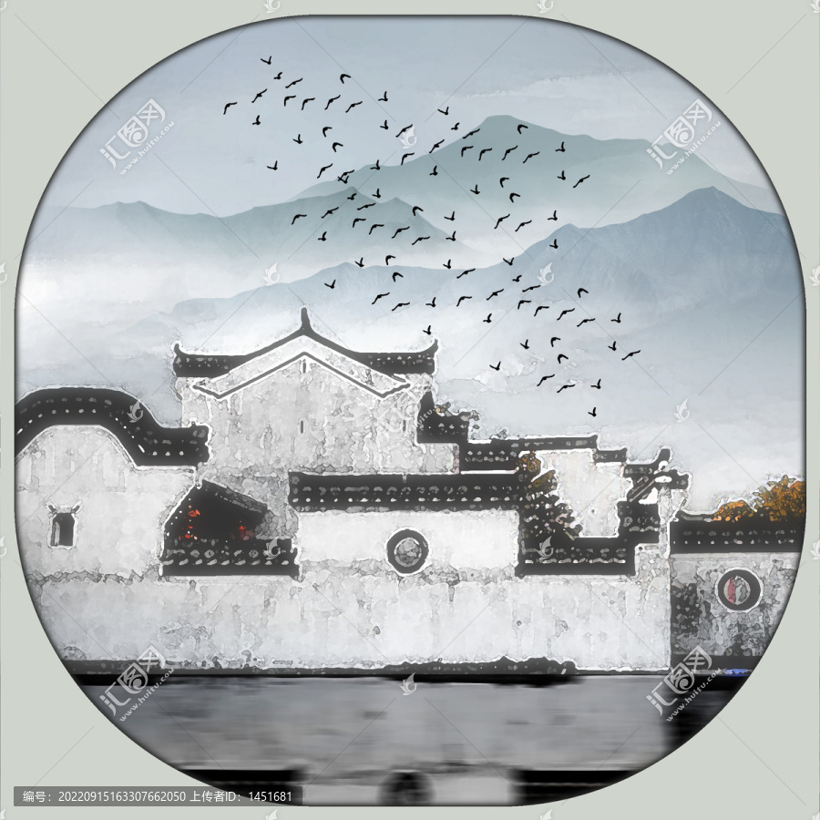 江南水鄉(xiāng)水墨山水扇面畫
