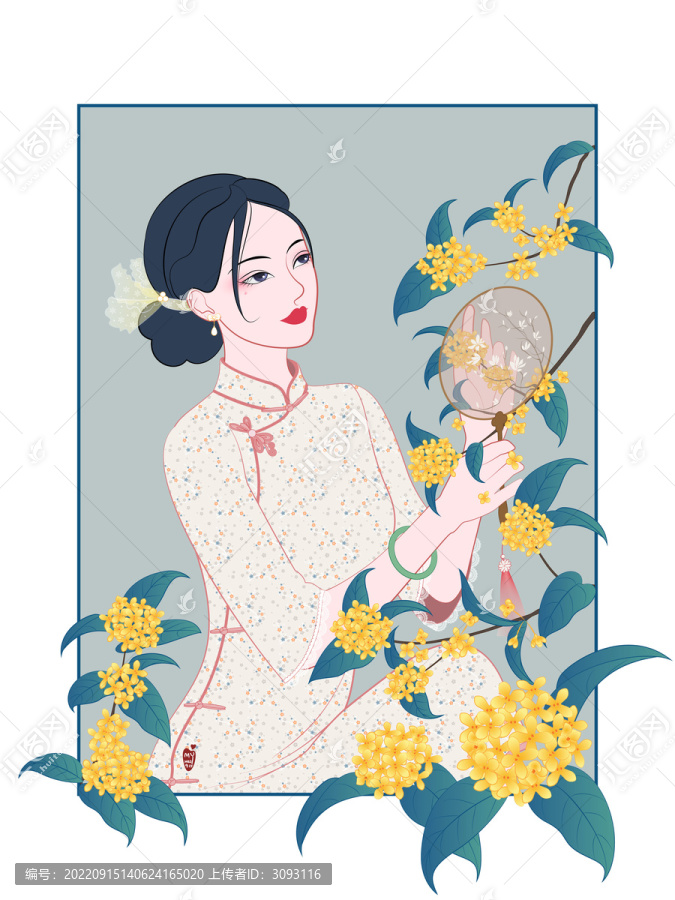 花卉旗袍美人插画之桂花