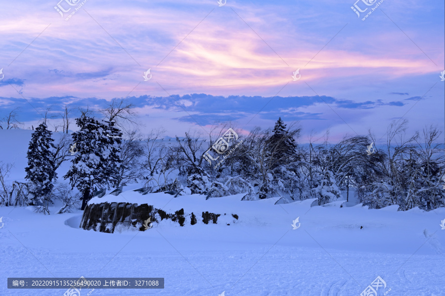 冬天雪屋森林雪地积雪夕阳雪景