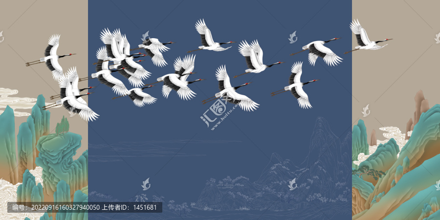 青綠山水千里江山圖仙鶴插畫