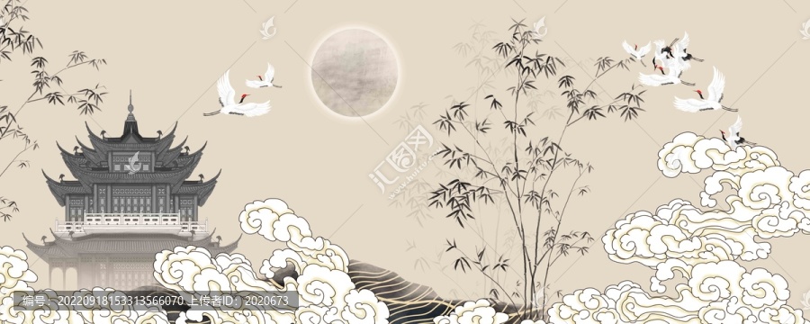 竹子閣樓祥云背景
