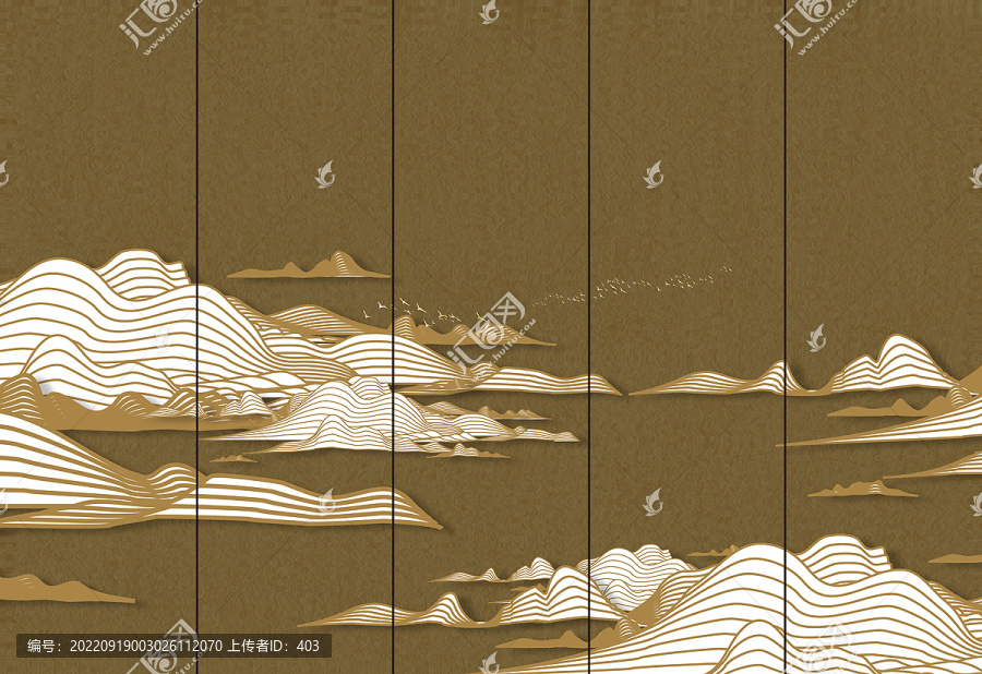 新中式金色山水線條壁畫背景墻