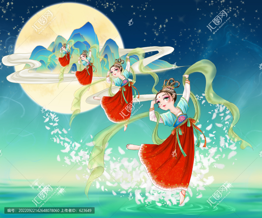 飛天仙女嫦娥國(guó)風(fēng)青綠山水