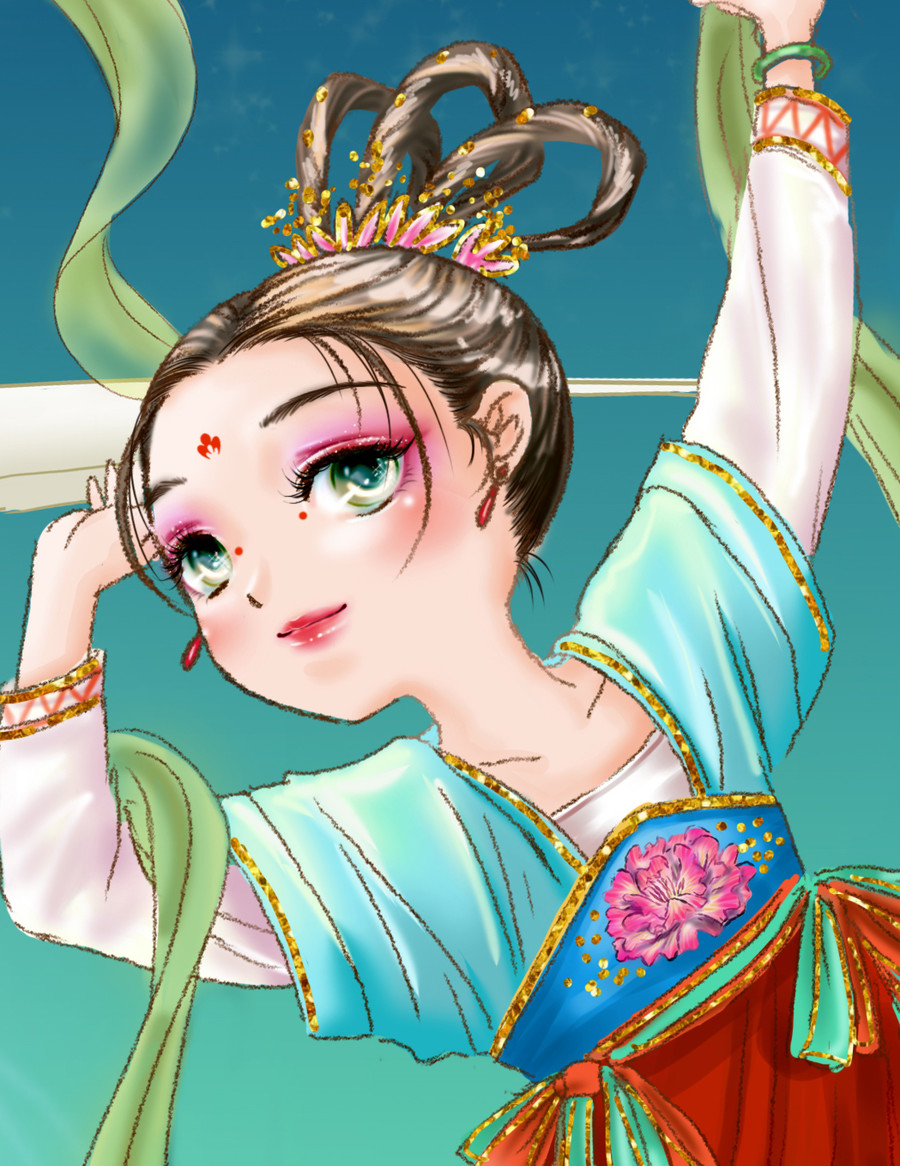 飛天仙女嫦娥國(guó)風(fēng)青綠山水