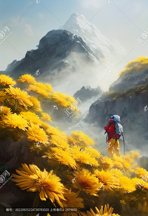 系列圖行走在遍地鮮花的山上