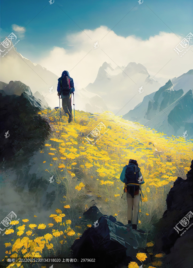 系列圖兩人在花海中攀登