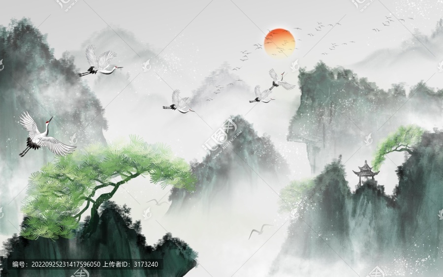 新中式仙鶴延年山水畫