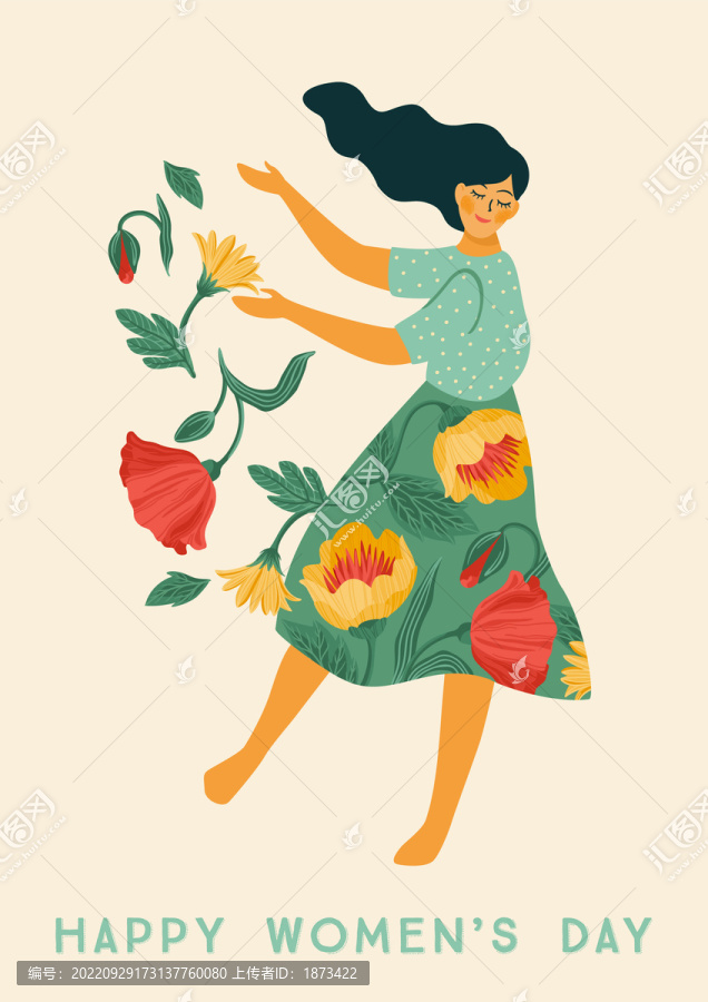 穿著繽紛花朵裙子的女性在跳舞,婦女節(jié)賀圖