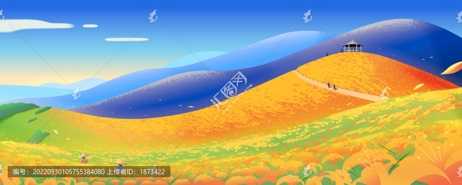 由山頭眺望黃花菜花海風景插圖