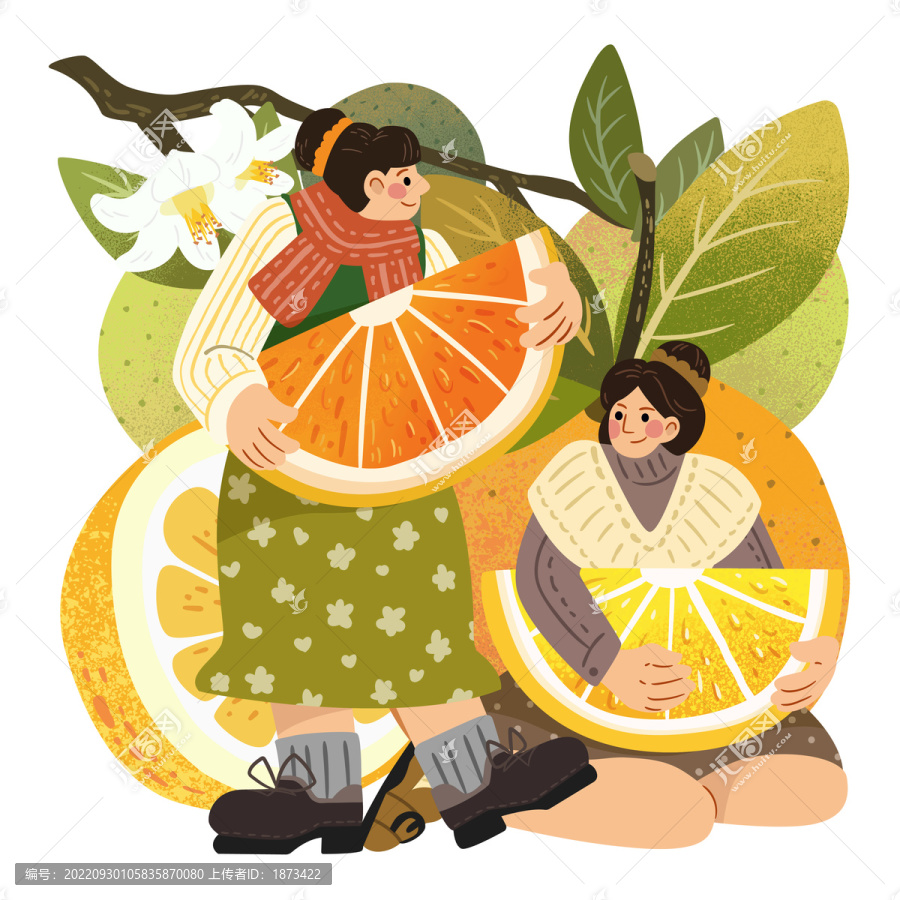 水果与人物,冬日少女与橙子手绘插图