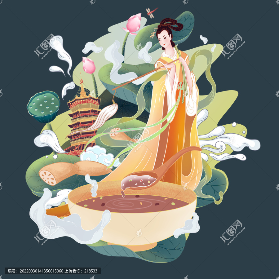西湖藕粉甜品禮盒包裝國(guó)風(fēng)插畫(huà)