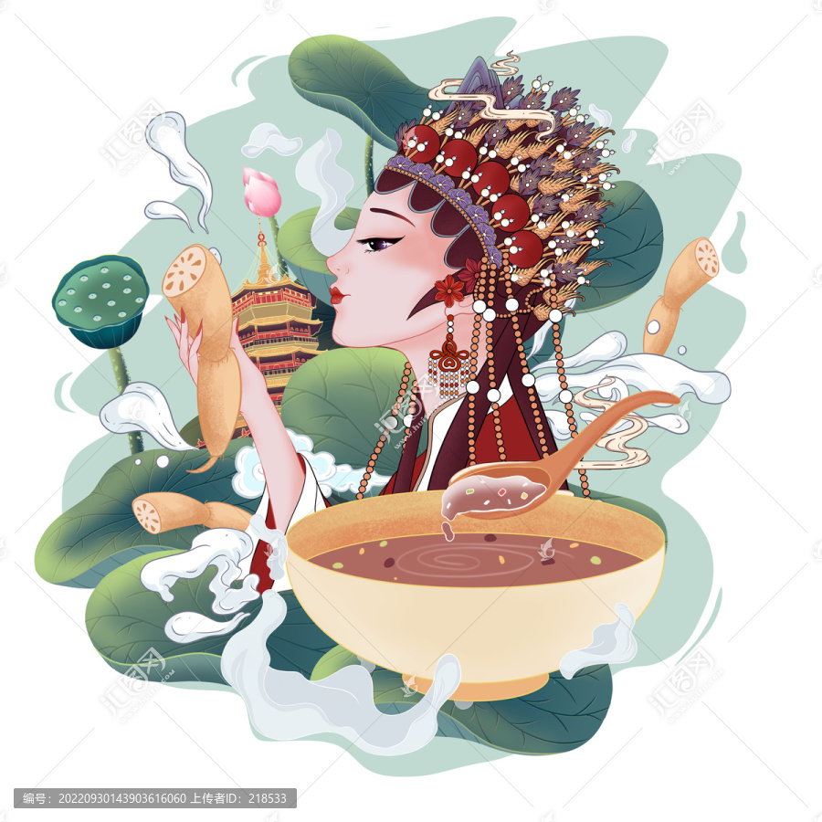 西湖藕粉甜品禮盒包裝國(guó)風(fēng)插畫(huà)