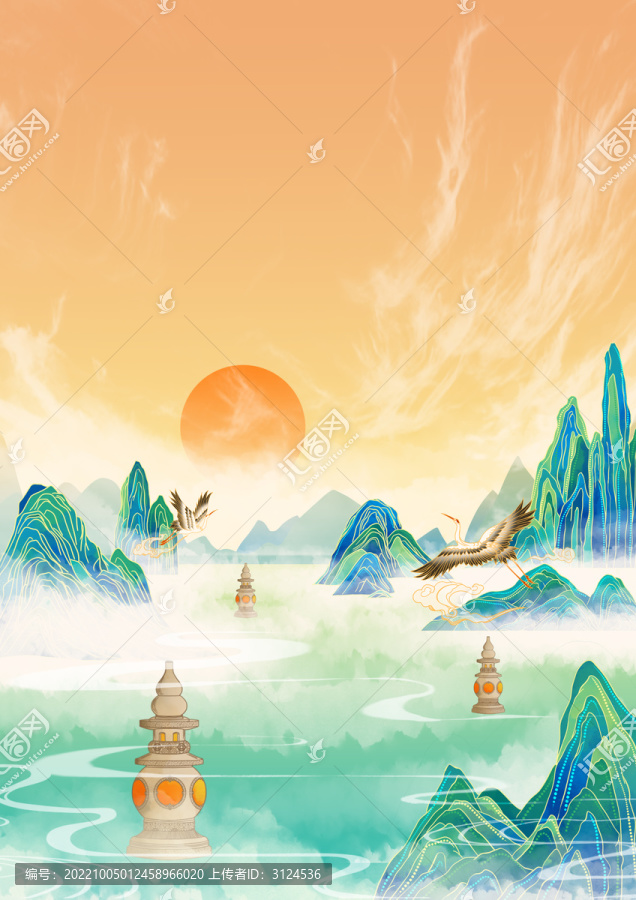 國風國潮山水自然背景插畫豎版