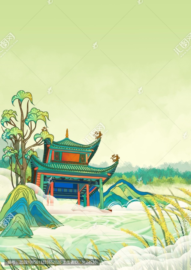 長沙地標古建筑插畫愛晚亭豎版