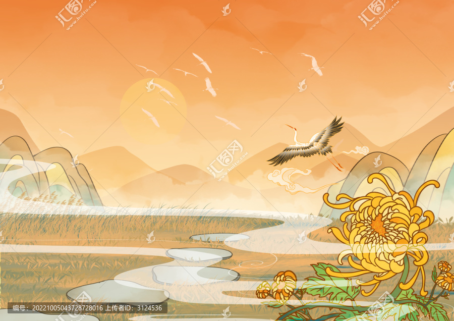 國(guó)風(fēng)國(guó)潮山水菊花背景插畫橫版