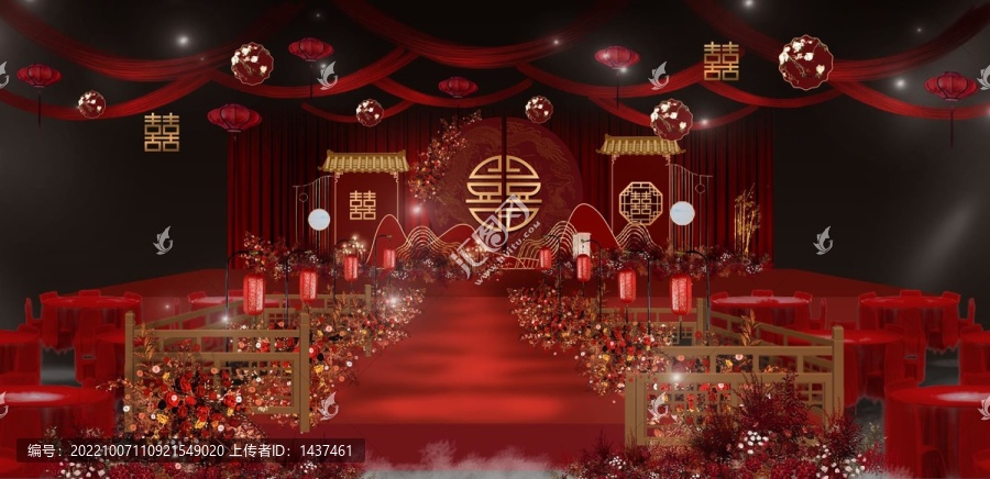 中式婚禮酒紅色迎賓舞臺