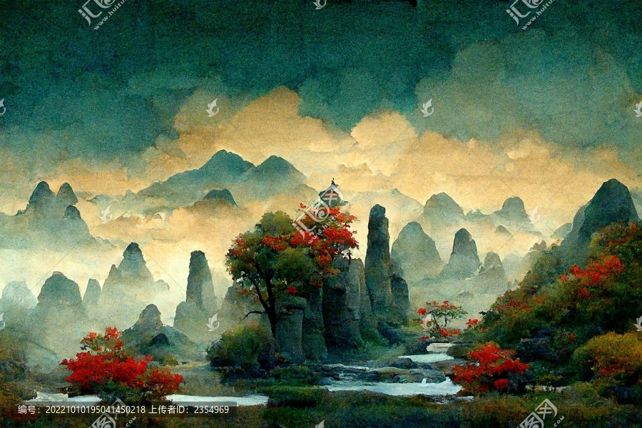 手繪水墨意境山水背景墻裝飾畫