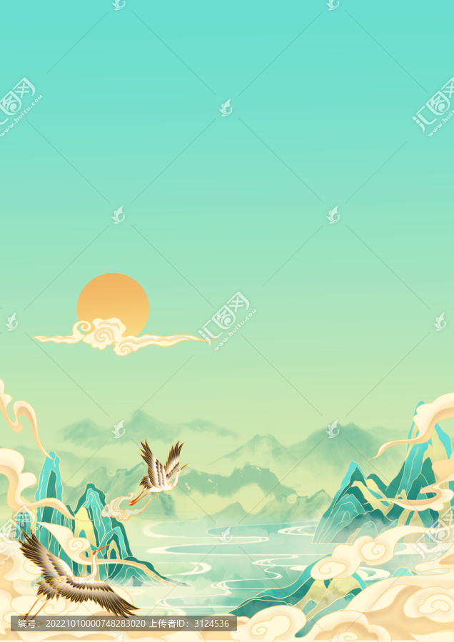 國風山水仙鶴意境插畫背景豎版