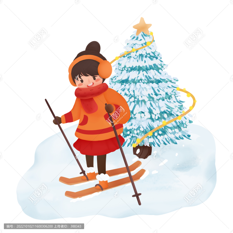 冬天滑雪女孩雪樹