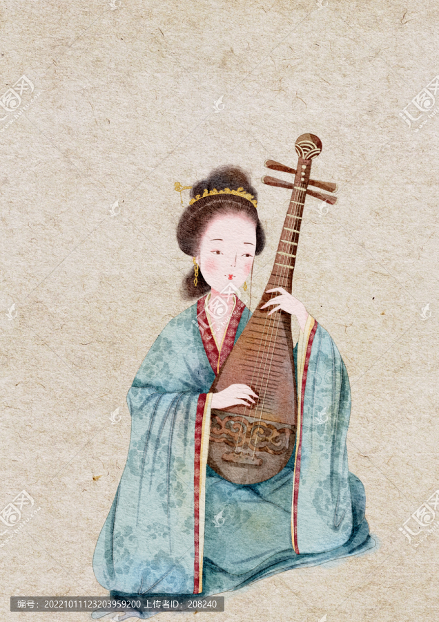 國潮古裝樂器琵琶仕女插畫