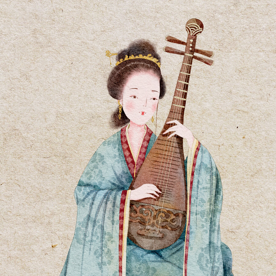 國潮古裝樂器琵琶仕女插畫
