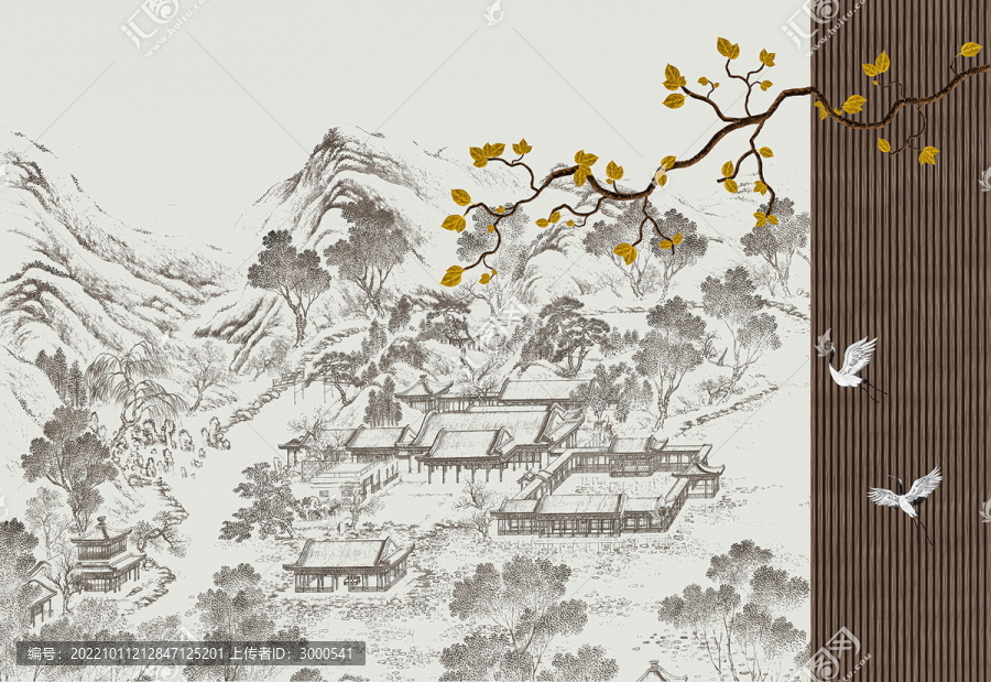 花鳥中式仙鶴山水背景墻
