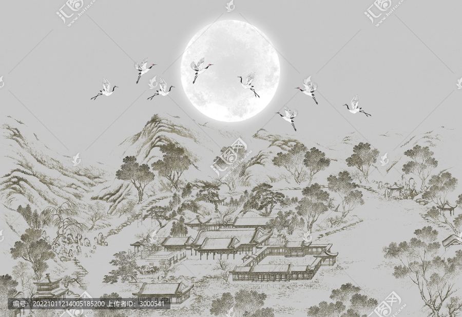 中式仙鶴山水意境背景墻