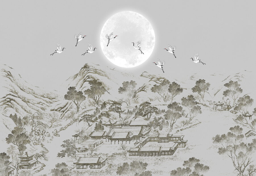 中式仙鶴山水意境背景墻