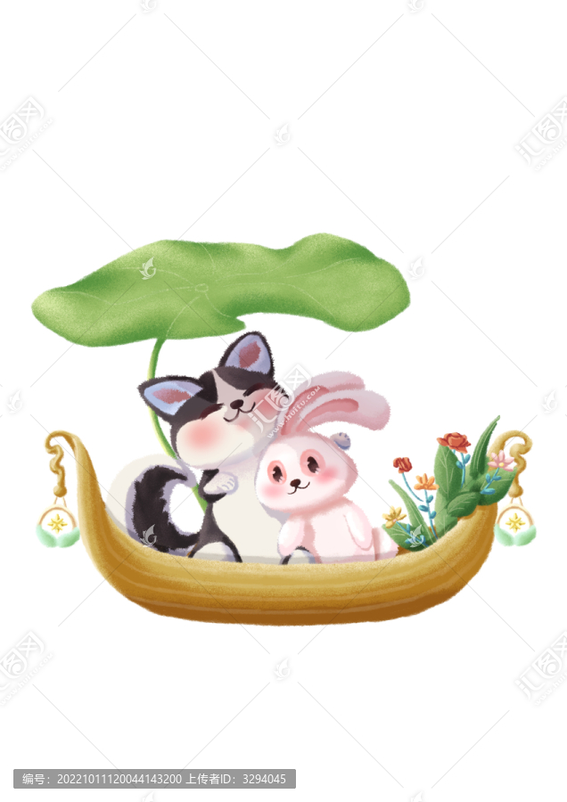 小狗與兔在花船上游玩