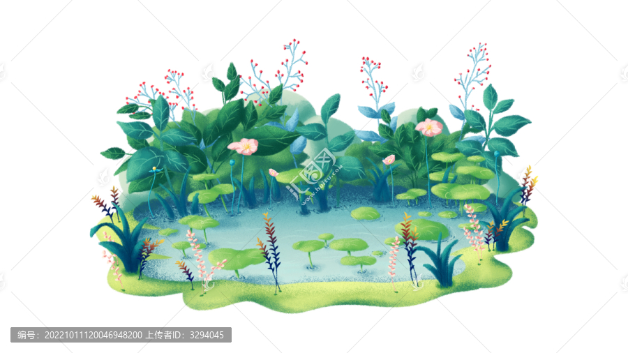 手繪夏日池塘植物插畫