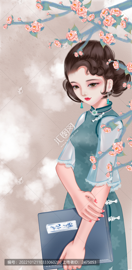 手繪花叢里穿旗袍的美女