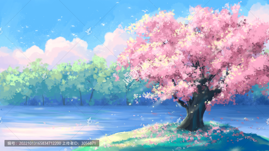 湖邊櫻花治愈唯美風(fēng)景插畫