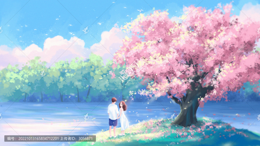 唯美情侣在樱花树下相望插画