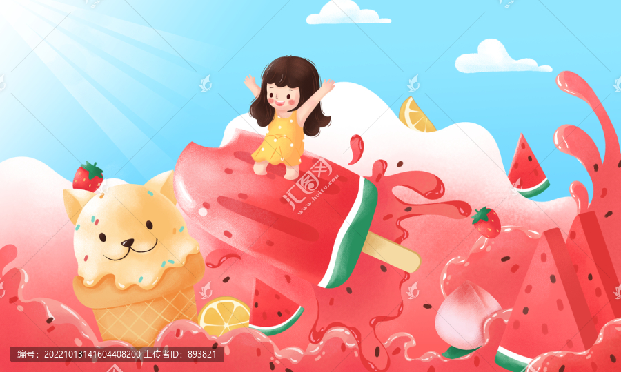 大暑節(jié)氣手繪女孩貓咪插畫
