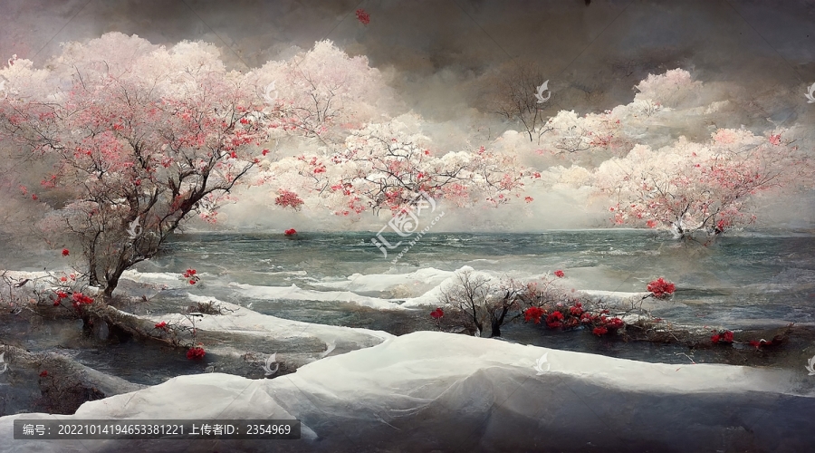 新中式冬季雪地梅花背景墙