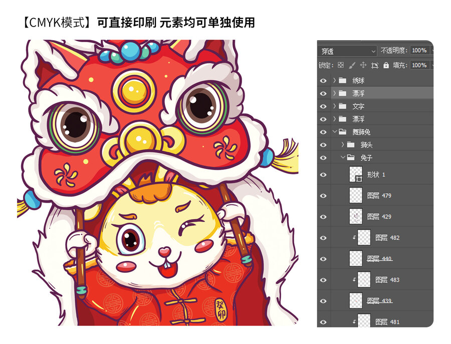 國潮風(fēng)兔年舞獅兔年插畫
