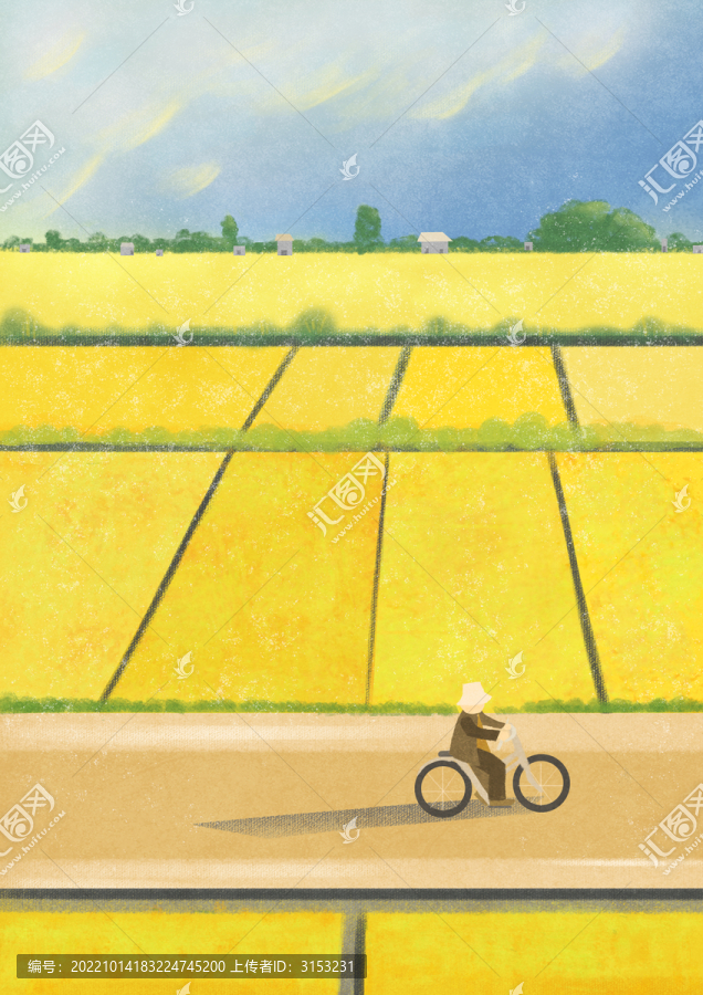 秋天田園騎單車稻田肌理插畫(huà)