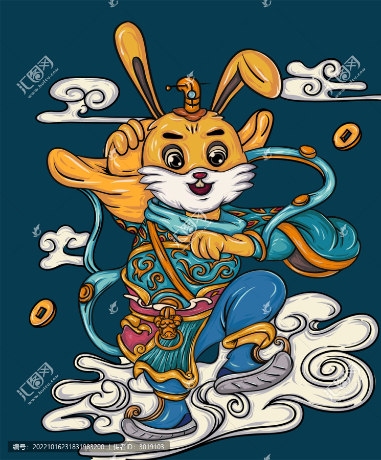 兔年插畫門神招財