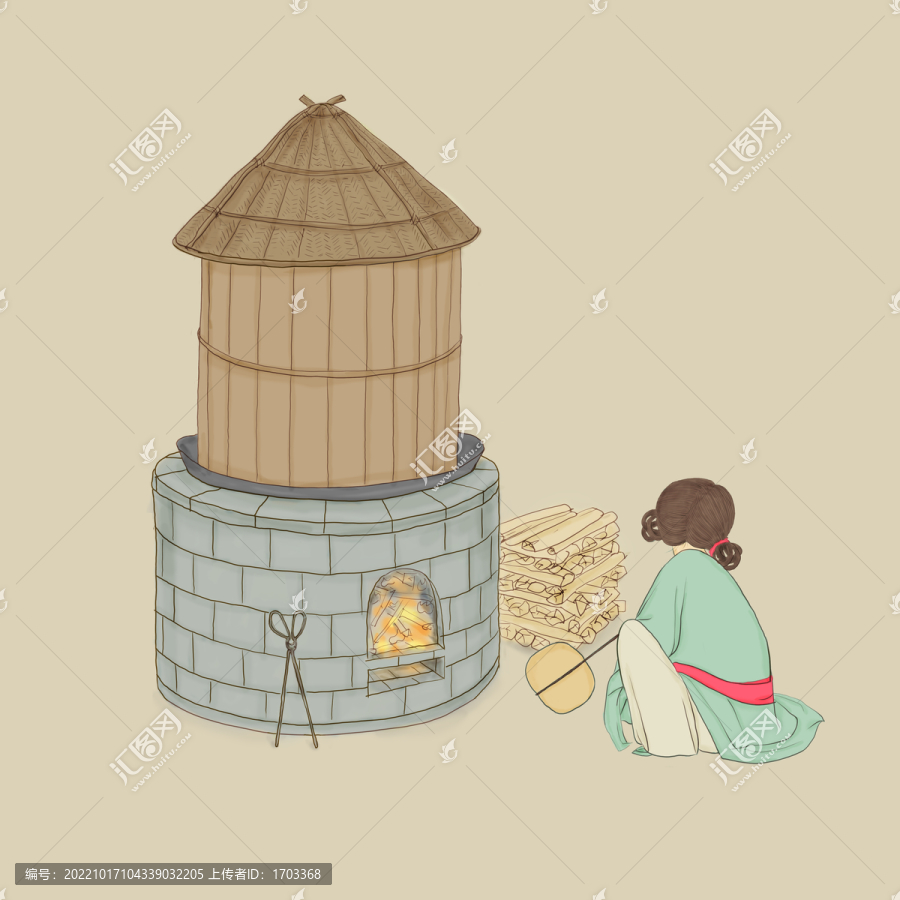古裝燒火做飯的小女孩手繪插畫