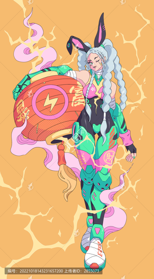 兔年插畫抱著燈籠的女孩