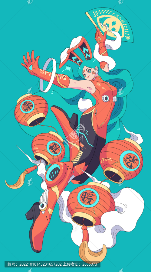 兔年插畫手拿扇子的女孩