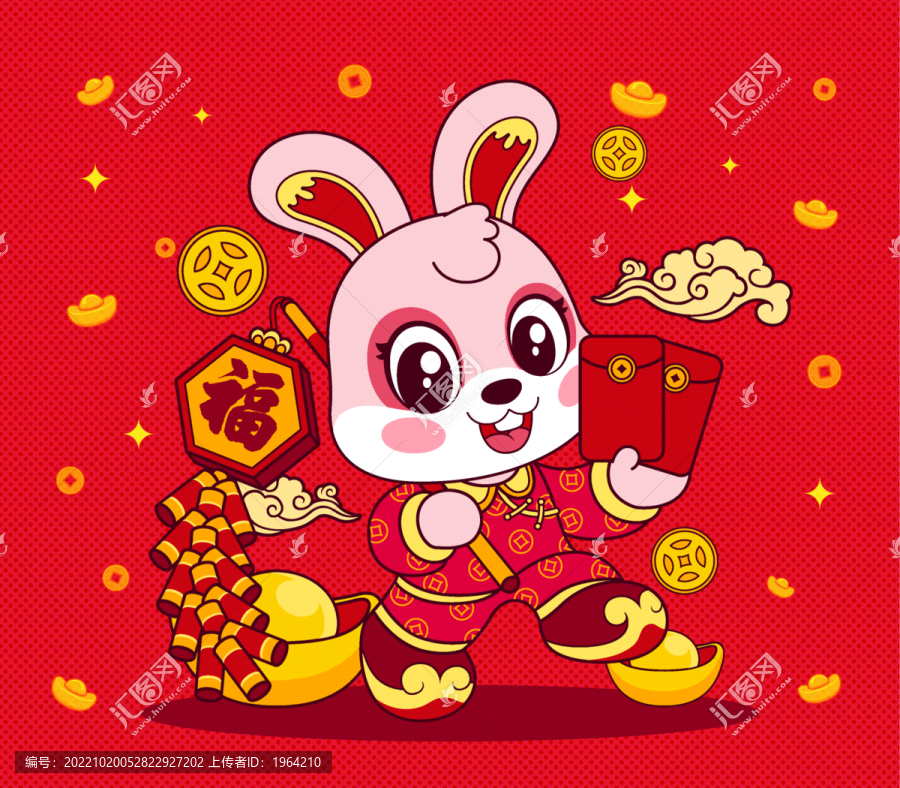 卡通兔子放鞭炮喜慶插畫
