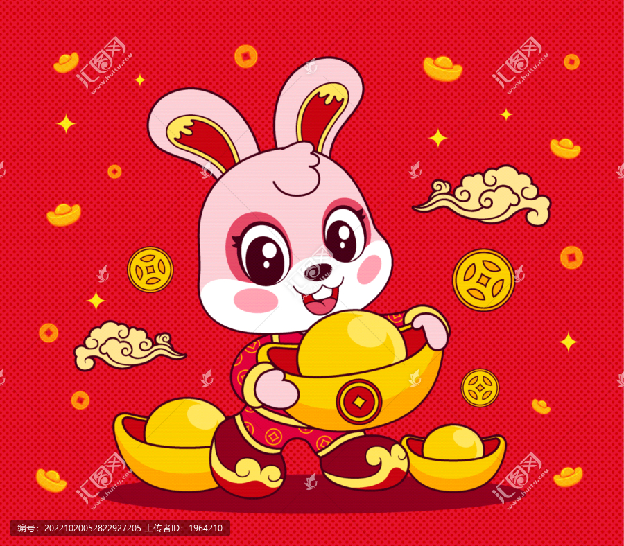 卡通兔子招財進寶矢量插畫
