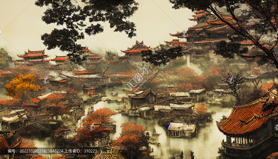 秋季古鎮(zhèn)裝飾畫無框畫