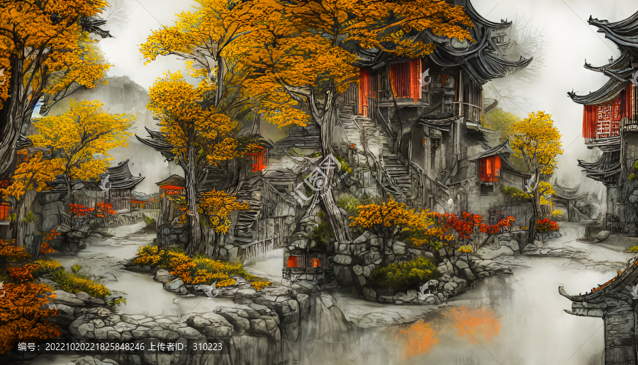 秋天古鎮(zhèn)裝飾畫無框畫