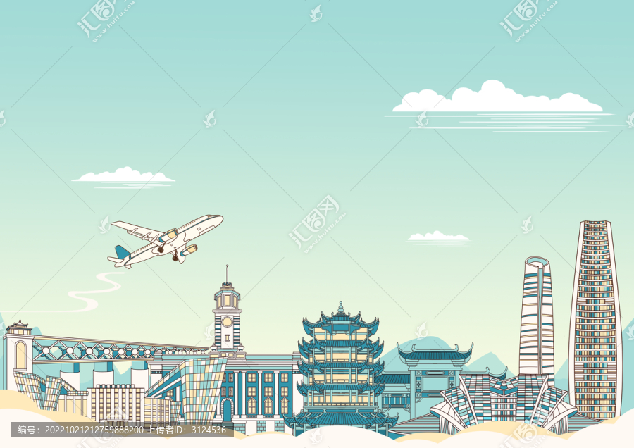 武汉城市地标建筑简约插画横版