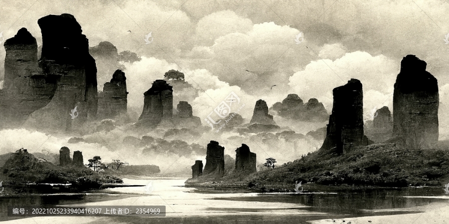 新中式手绘山水风景意境装饰画