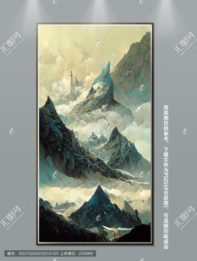 北歐手繪森林風(fēng)景雪山流水掛畫
